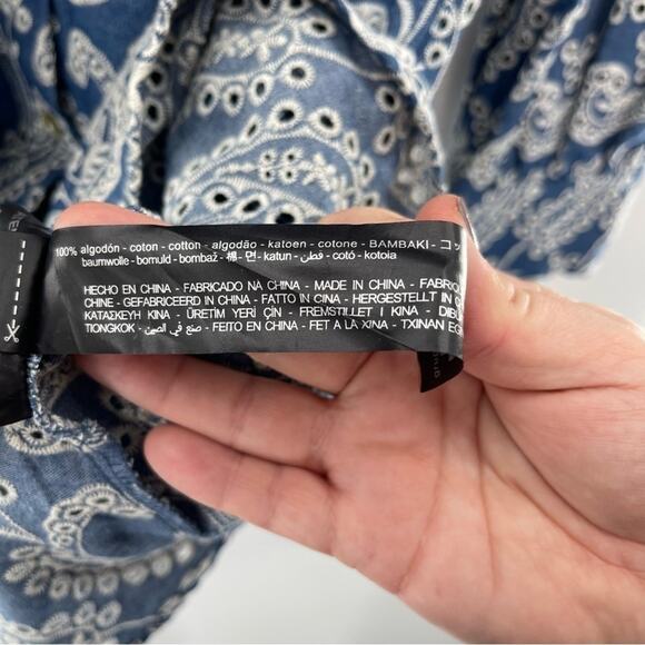Zara Blue Paisley Floral Embroidered Shirt Dress Cutwork Embroidery Size Small - Picture 14 of 15